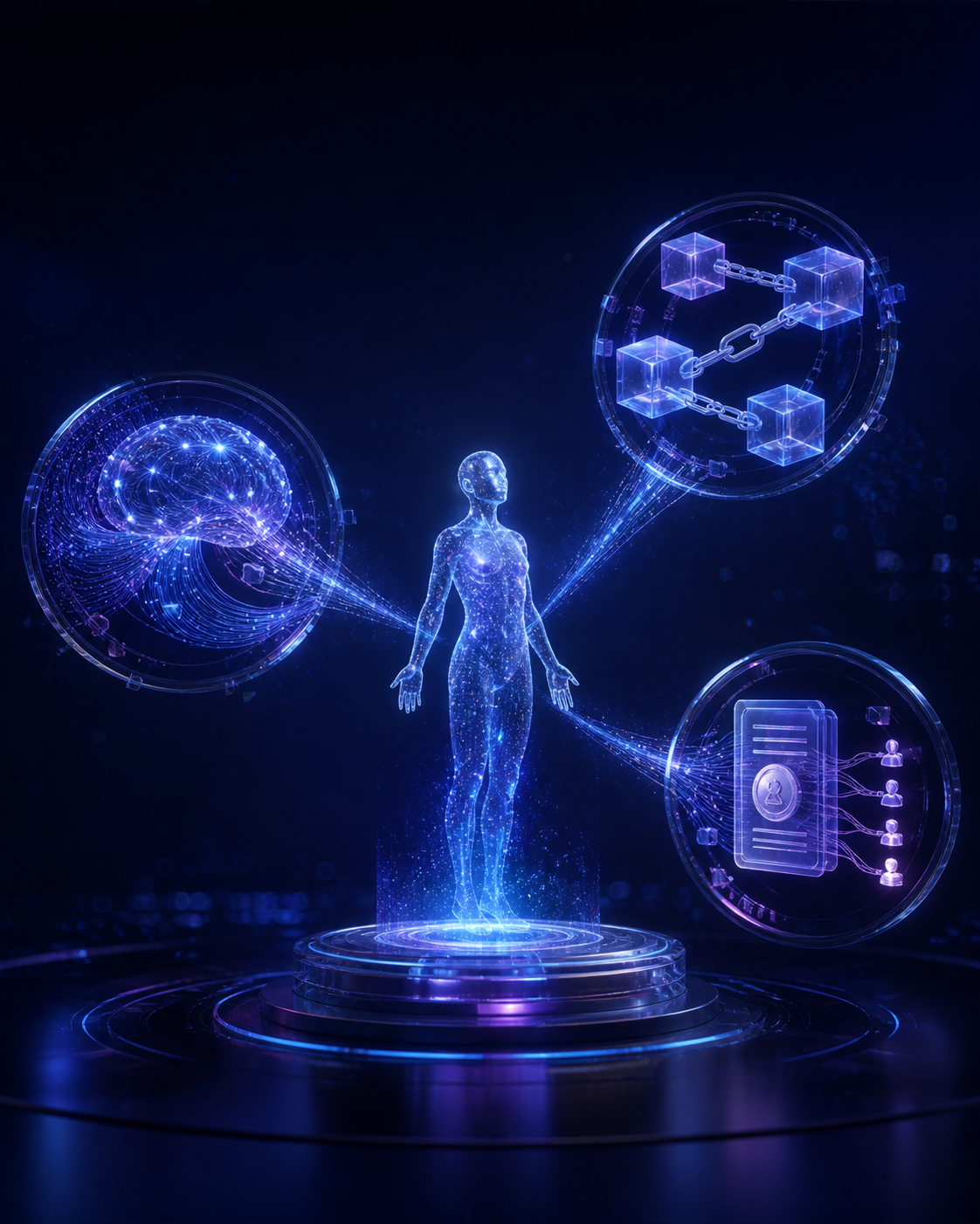 A holographic digital Persona connected to AI, blockchain, and licensing layers